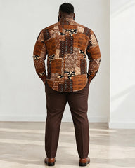 Big & Tall Men's Retro Brown Ethnic Geometric Print Long Sleeve Shirt Pants Set