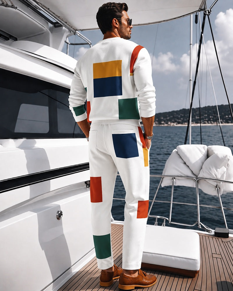 S-3XL Geometric Colour Block Contrast Printed Henry Collar Shirt Drawstring Pants Two-Piece Set