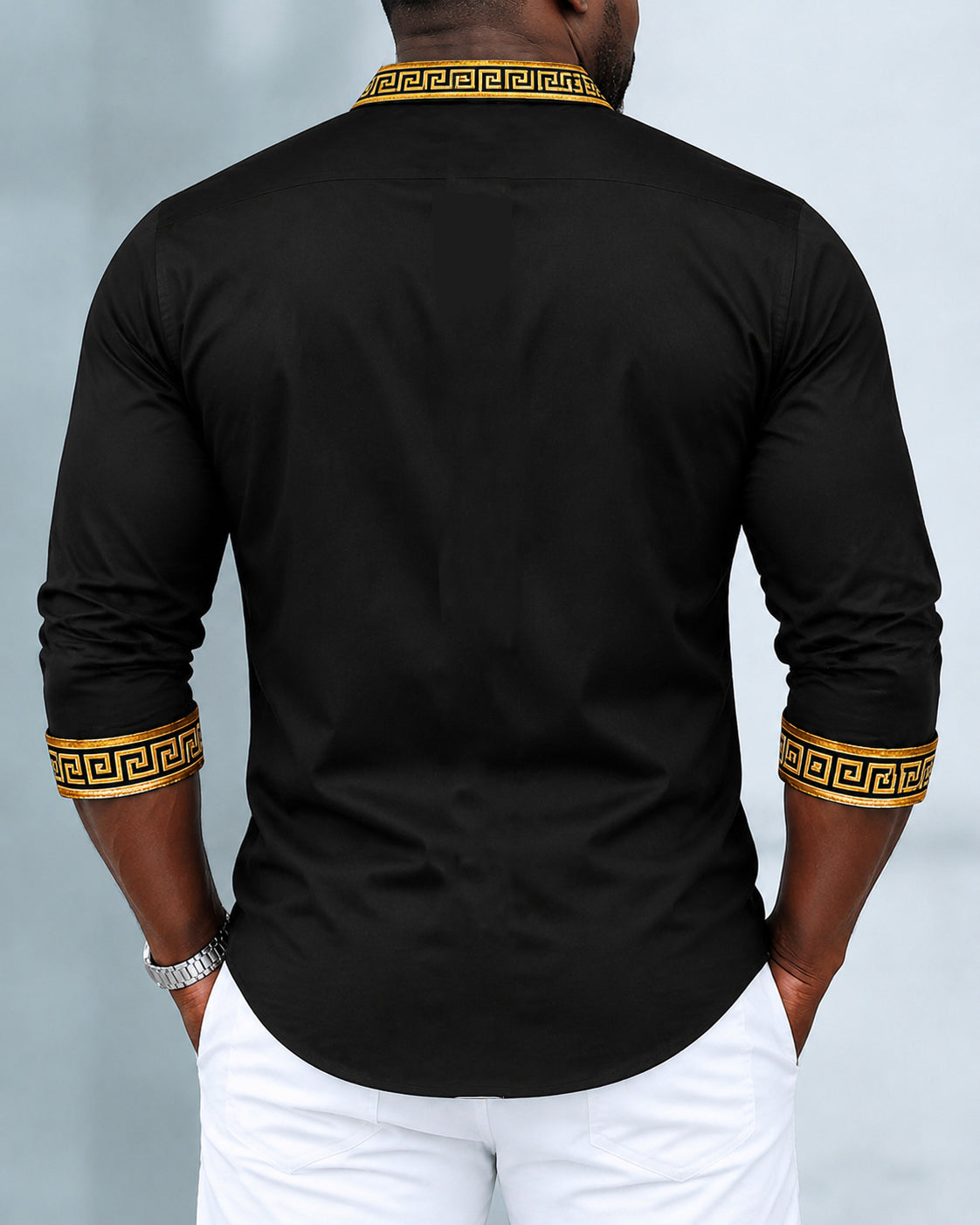 Big & Tall Men's  Gold Greek Key Trim Print Long Sleeve Shirt