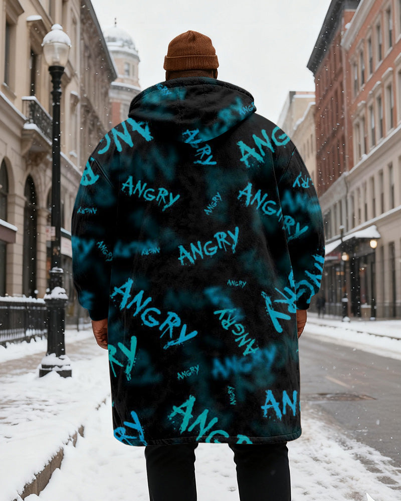 Big & Tall Men's Diablo "ANGRY" Graffiti Print Velvet Thickened Long Hooded Coat