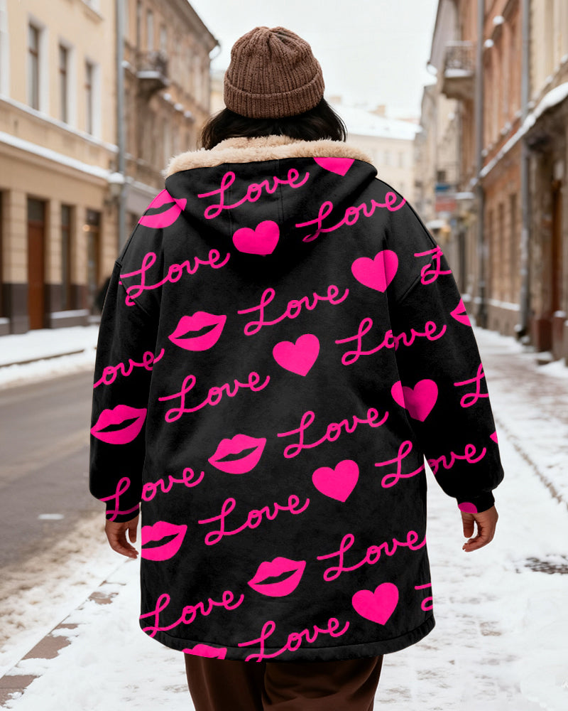 Women's Love Love Letter Printed Velvet Thickened Long Hooded Coat