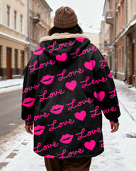 Women's Love Love Letter Printed Velvet Thickened Long Hooded Coat