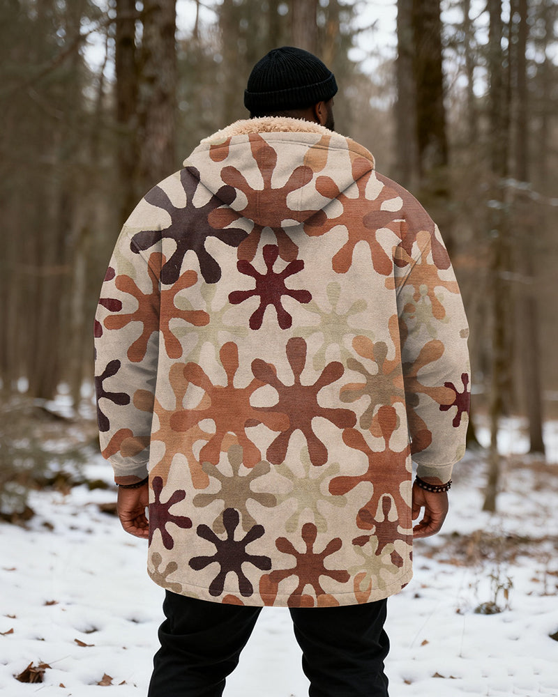 Big & Tall Men's Hunting Style Khaki Geometric Print Velvet Thickened Long Hooded Exterior