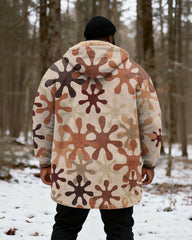 Big & Tall Men's Hunting Style Khaki Geometric Print Velvet Thickened Long Hooded Exterior