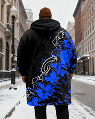 Big & Tall Men's Black And Blue Graffiti Print Velvet Thickened Long Hooded Coat