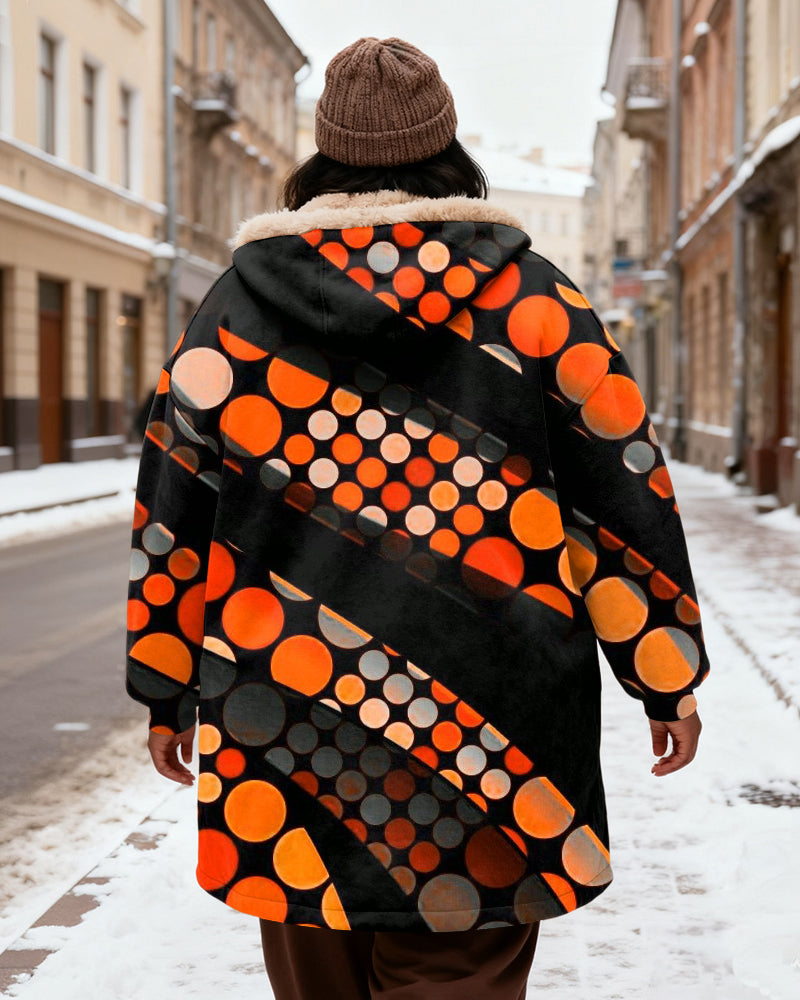 Women's Black Orange Grey Dot Print Velvet Thickened Long Hooded Coat