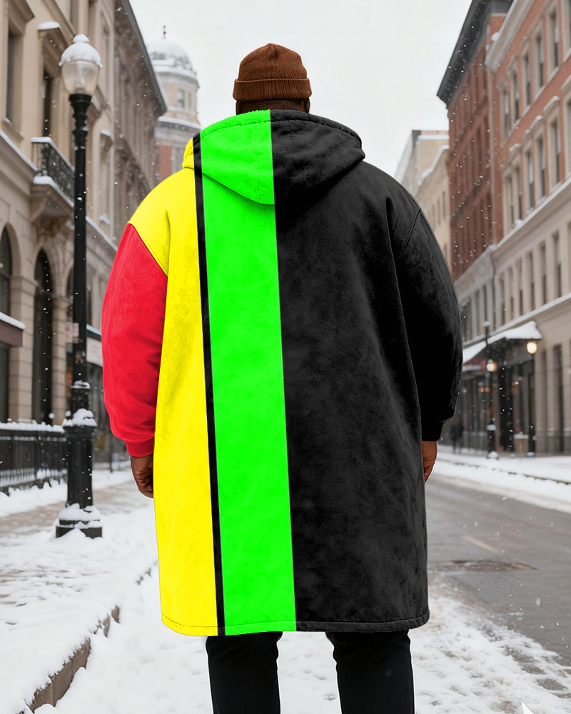 Big & Tall Men's Black, Yellow, Green And Red Contrast Stitching Printed Velvet Padded Long Hooded Coat