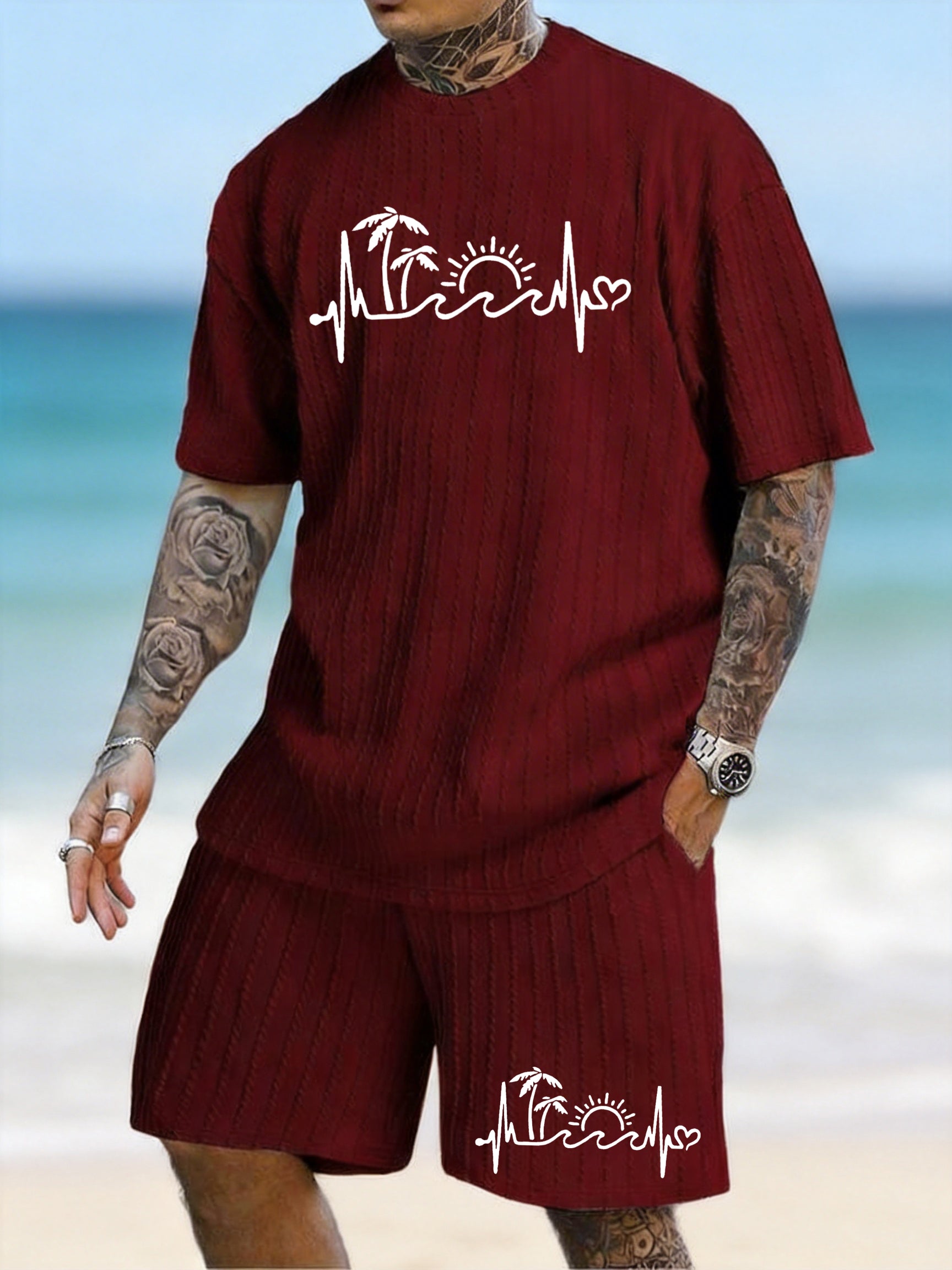 "Island Heartbeat" Coconut Tree Sun ECG Printed Texture Large Size Casual Suit