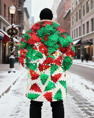 Big & Tall Men's Red And Green Christmas Leaves Sequin Printed Velvet Thickened Long Hooded Coat