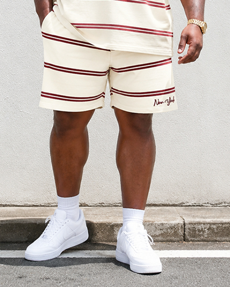 Big & Tall Men's Wine Red Horizontal Stripe New York Printed Round Neck Short Sleeve T-Shirt Shorts Set