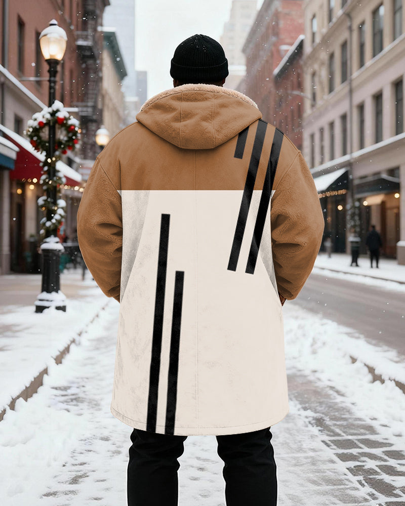 Big & Tall Men's Brown White Black Contrast Line Printed Velvet Thickened Long Hooded Coat