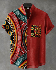 Big & Tall Men's Tribal Totem Splicing Print Henry Collar Short Sleeve Shirt