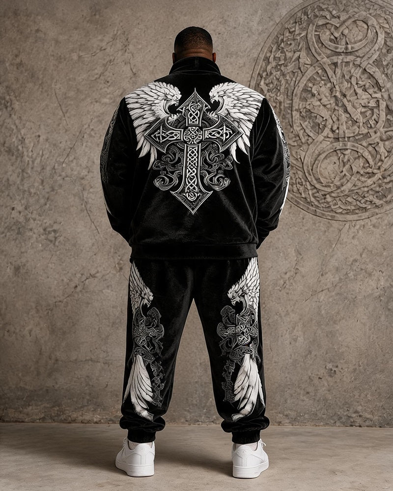 Big & Tall Men's Double Eagle Celtic Cross Print Half Zip Sweat Set