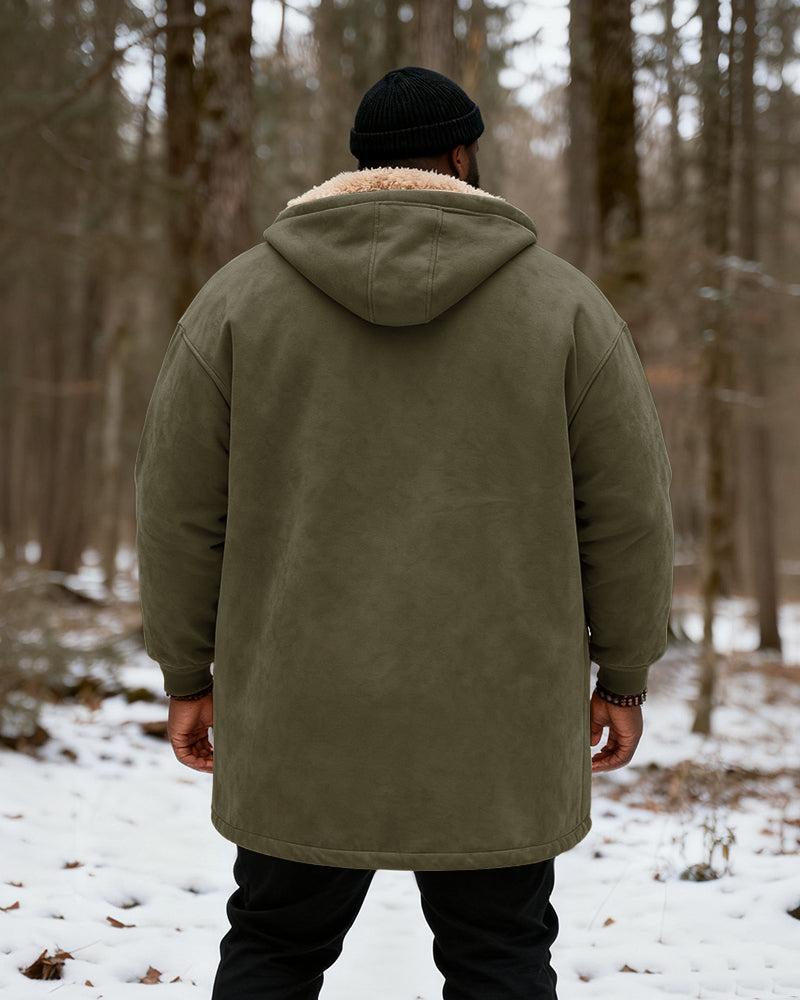 Big & Tall Men's Hunting Style Bull Totem Print Velvet Thickened Long Hooded Coat