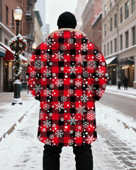 Big & Tall Men's Red And Black Plaid Snowflake Printed Velvet Thickened Long Hooded Coat