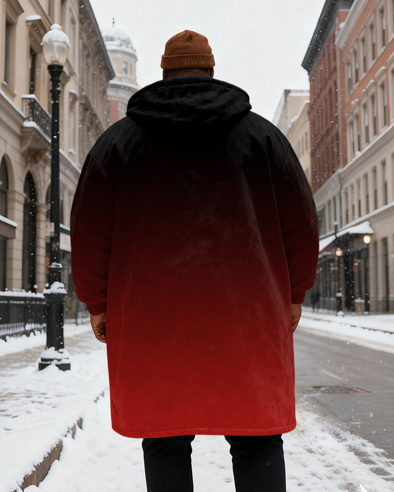 Big & Tall Men's Gradient King Alphabet Printed Velvet Thickened Long Hooded Exterior