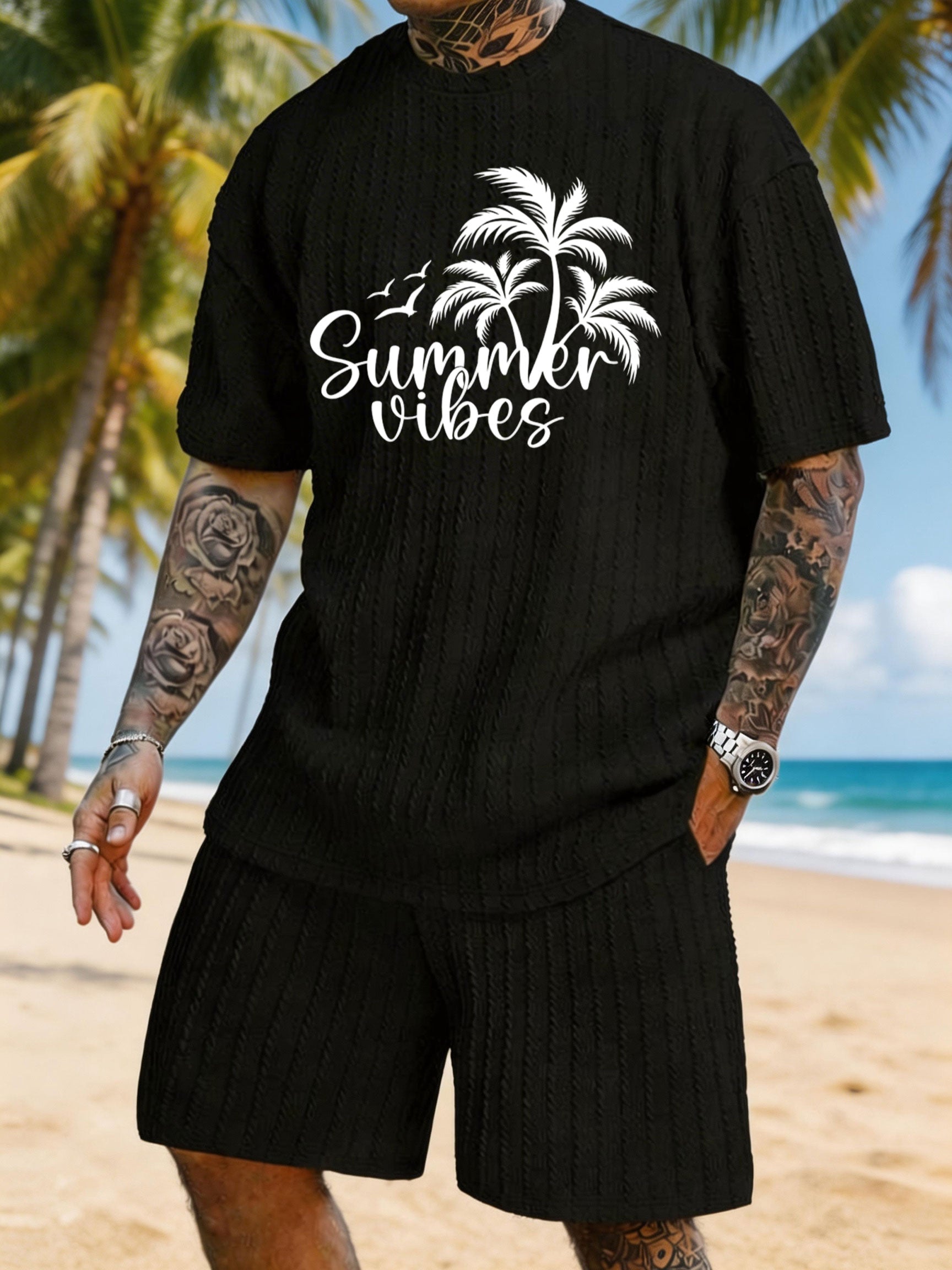 "Summer Vibes" Coconut Tree Bird Print Texture Large Size Vacation Suit