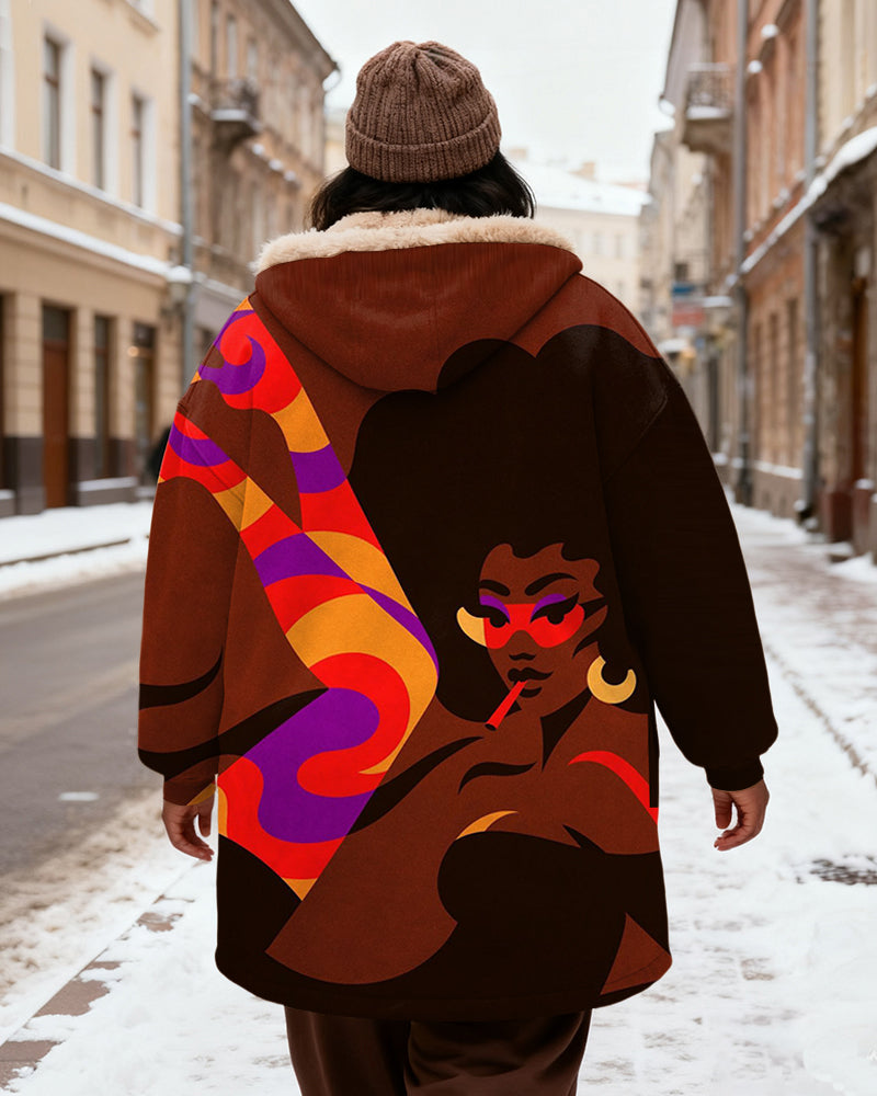 Women's Brown Bottom Abstract Women's Flute Printed Velvet Thickened Long Hooded Coat