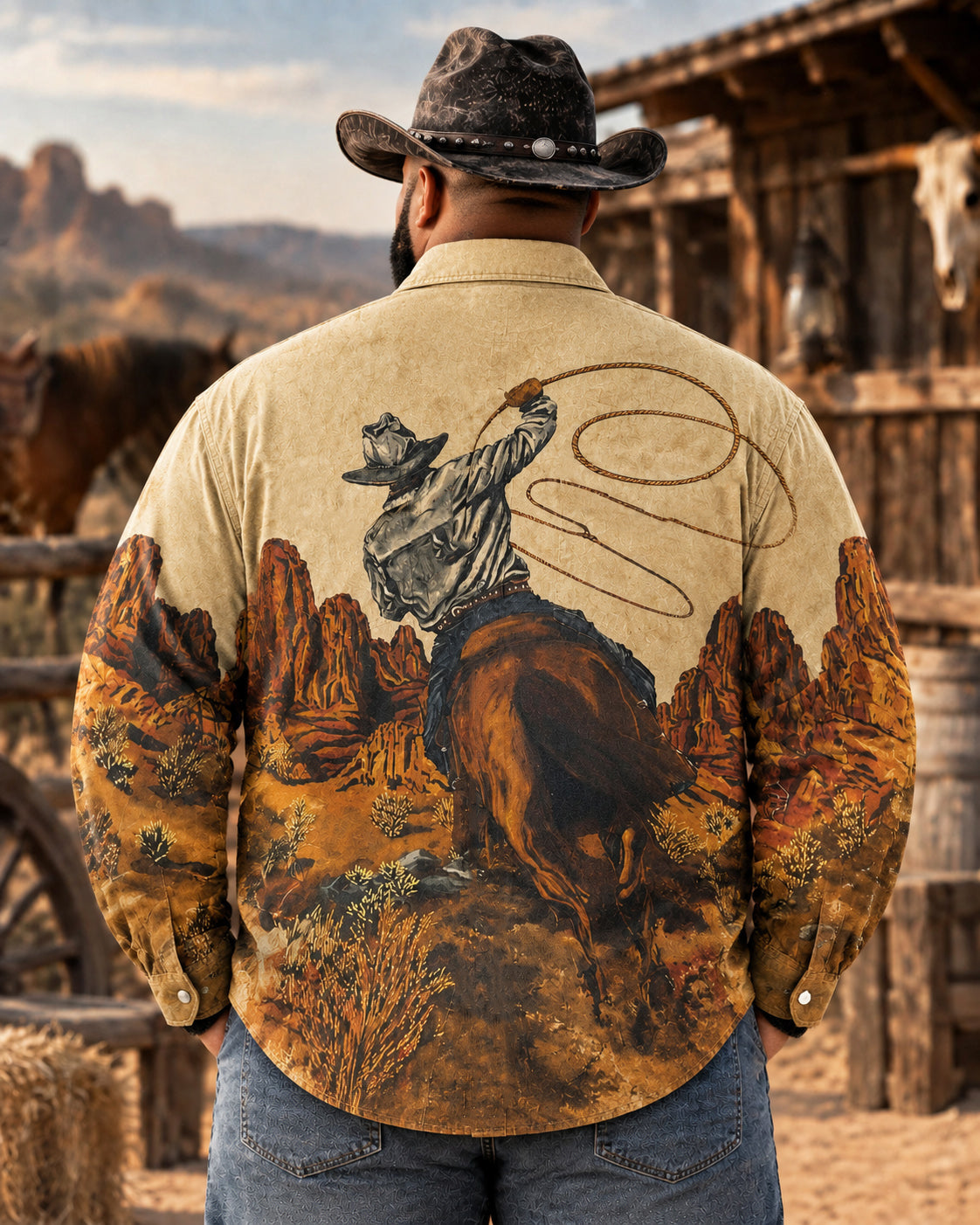 Big & Tall Men's Vintage Cowboy Swinging A Lasso Print Long Sleeve Shirt