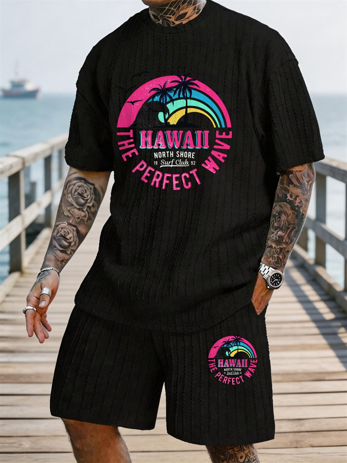 Hawaiian Rainbow Surf Print Texture Plus Size Holiday Set