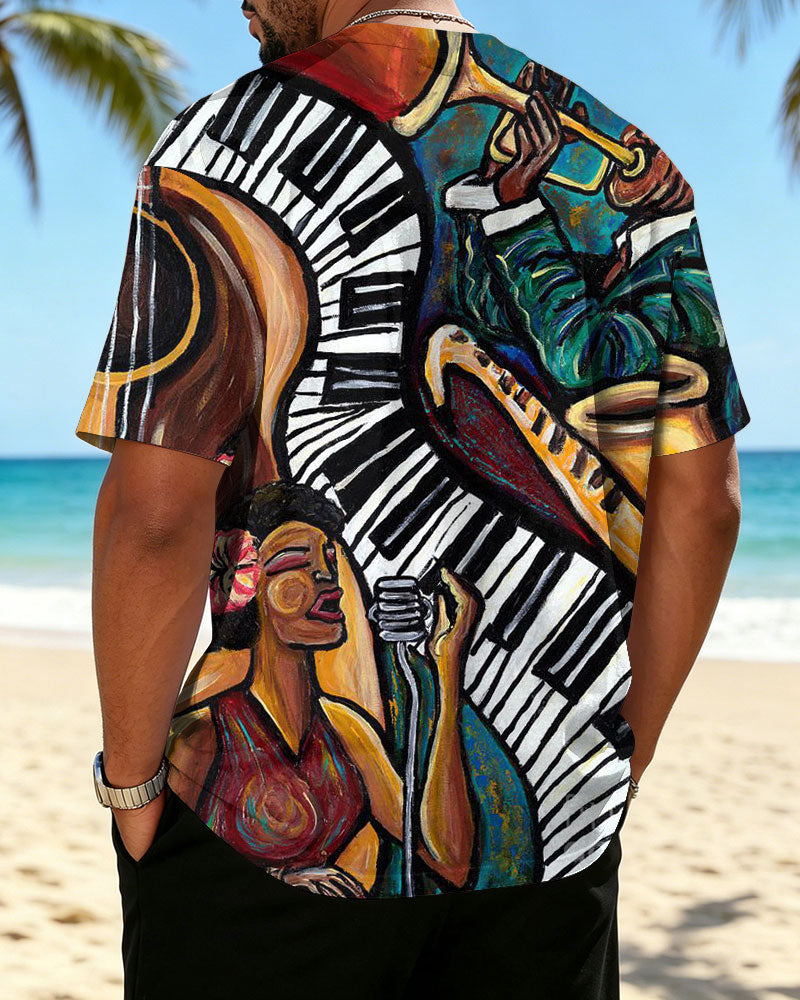 Big & Tall Men's Retro Jazz Cartoon Print Crewneck Short Sleeve T-Shirt