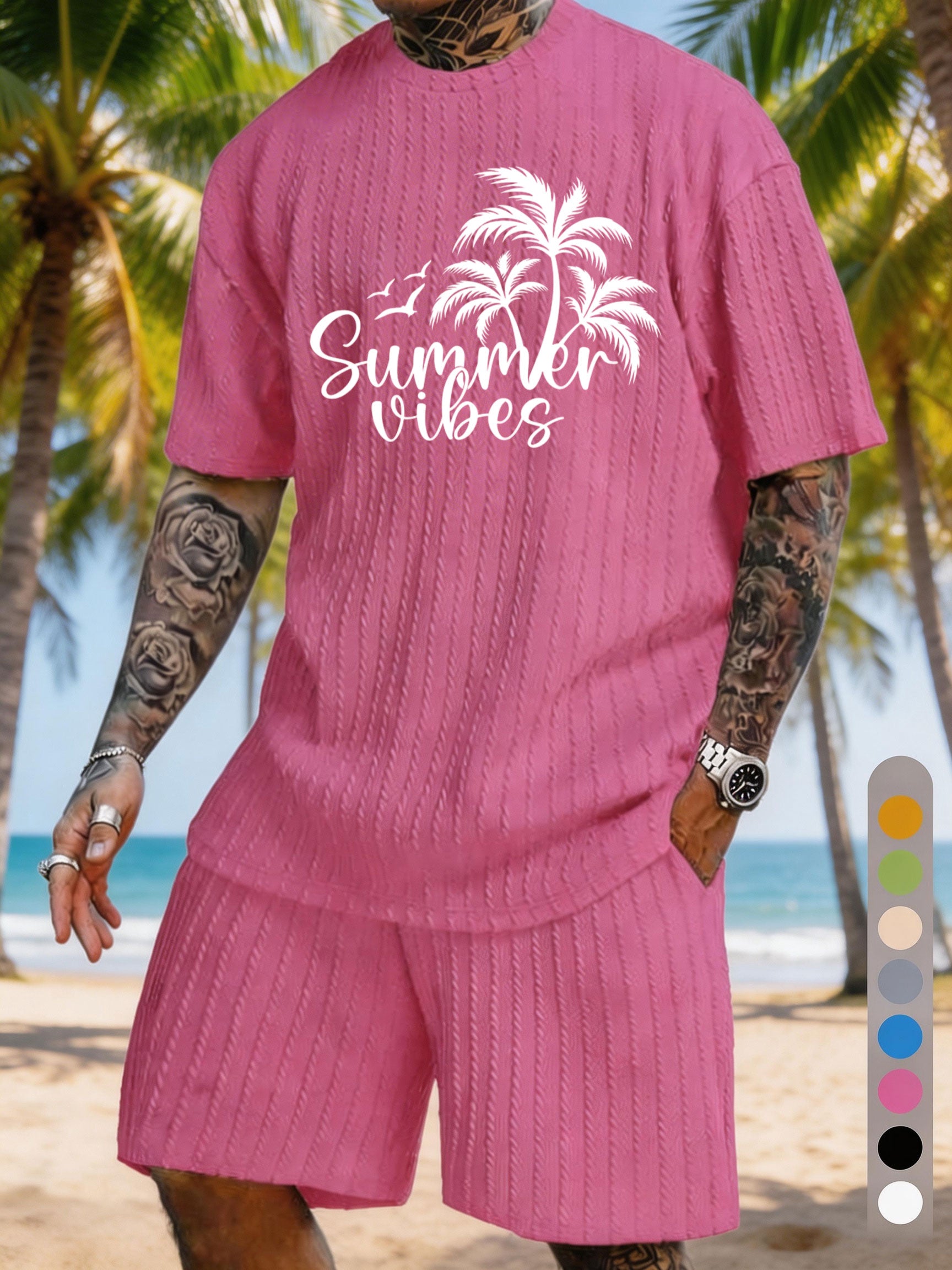 "Summer Vibes" Coconut Tree Bird Print Texture Large Size Vacation Suit