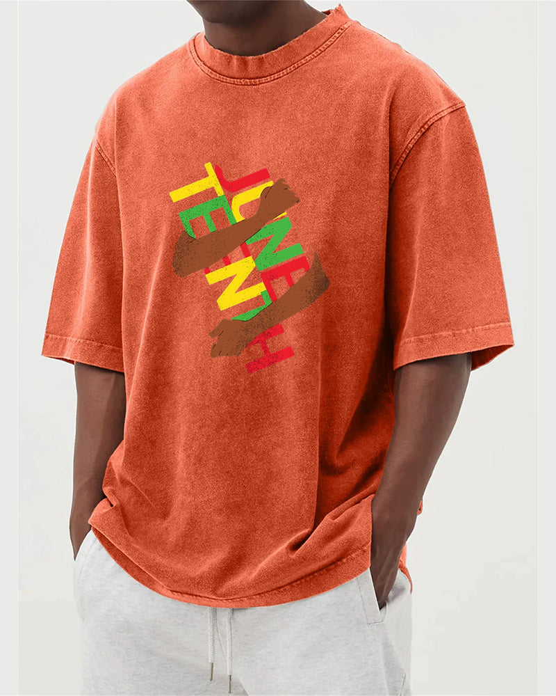 S-5XL Juneteenth Break Bound Theme Printed Wash Water Dressed T-Shirt