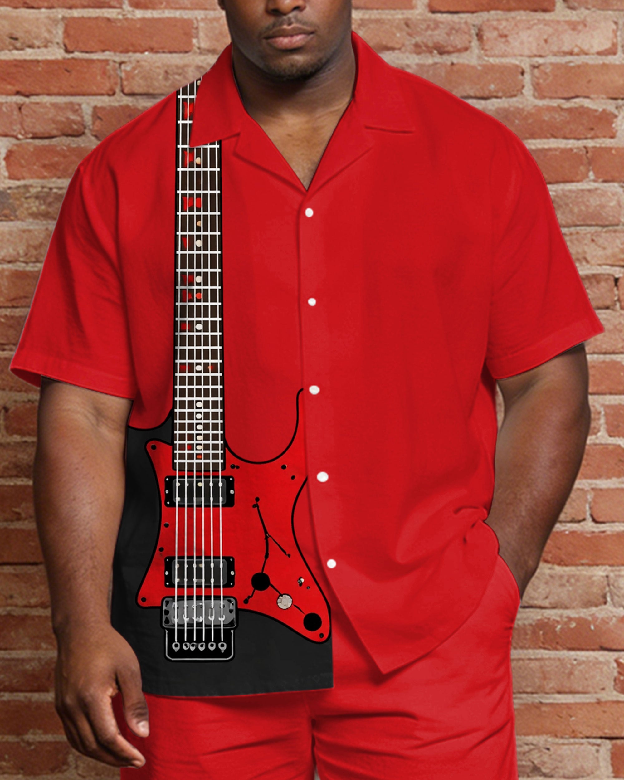 Big & Tall Men's Music Red Guitar Print Short Sleeve Shirt Shorts Set
