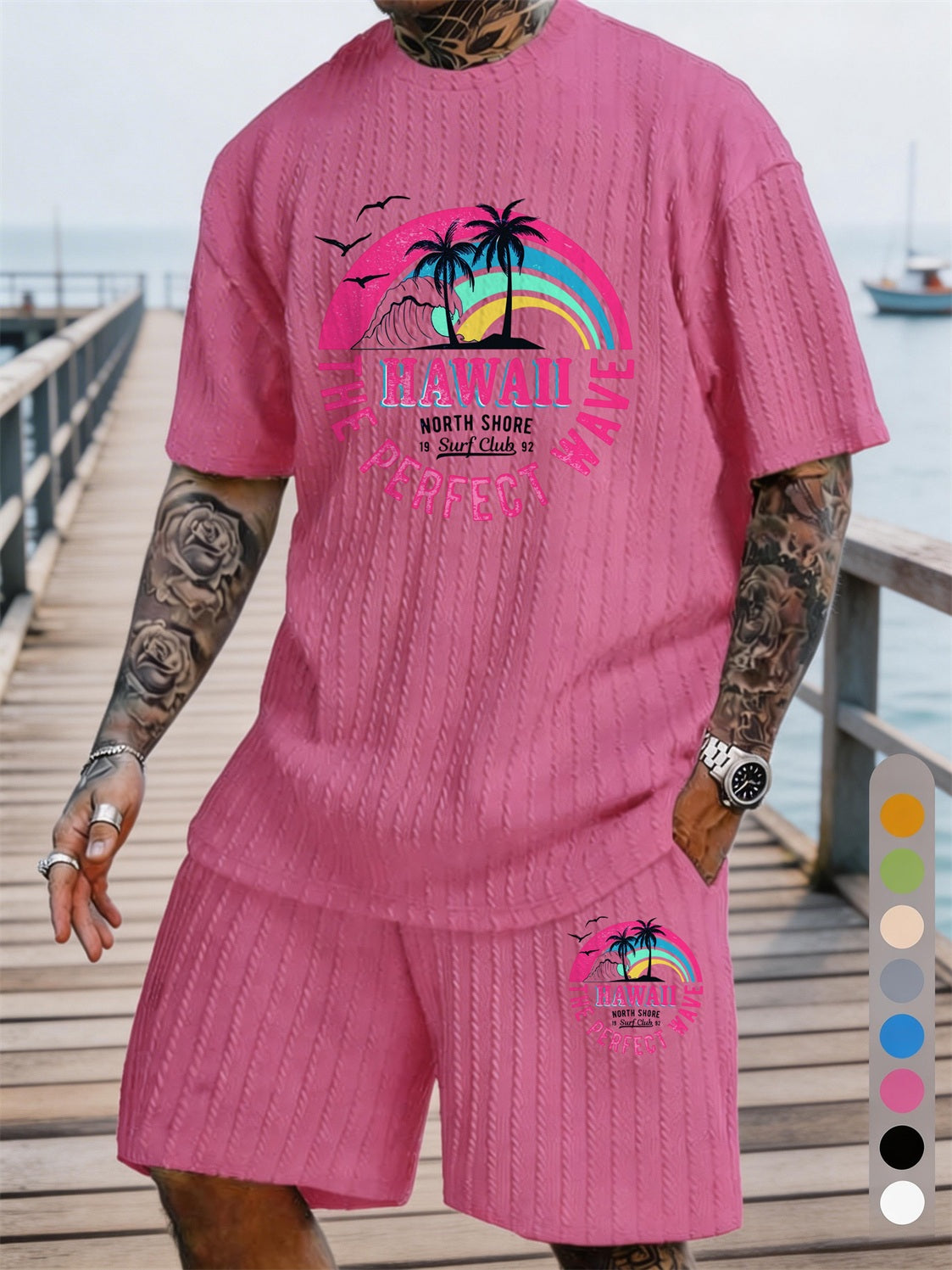 Hawaiian Rainbow Surf Print Texture Plus Size Holiday Set