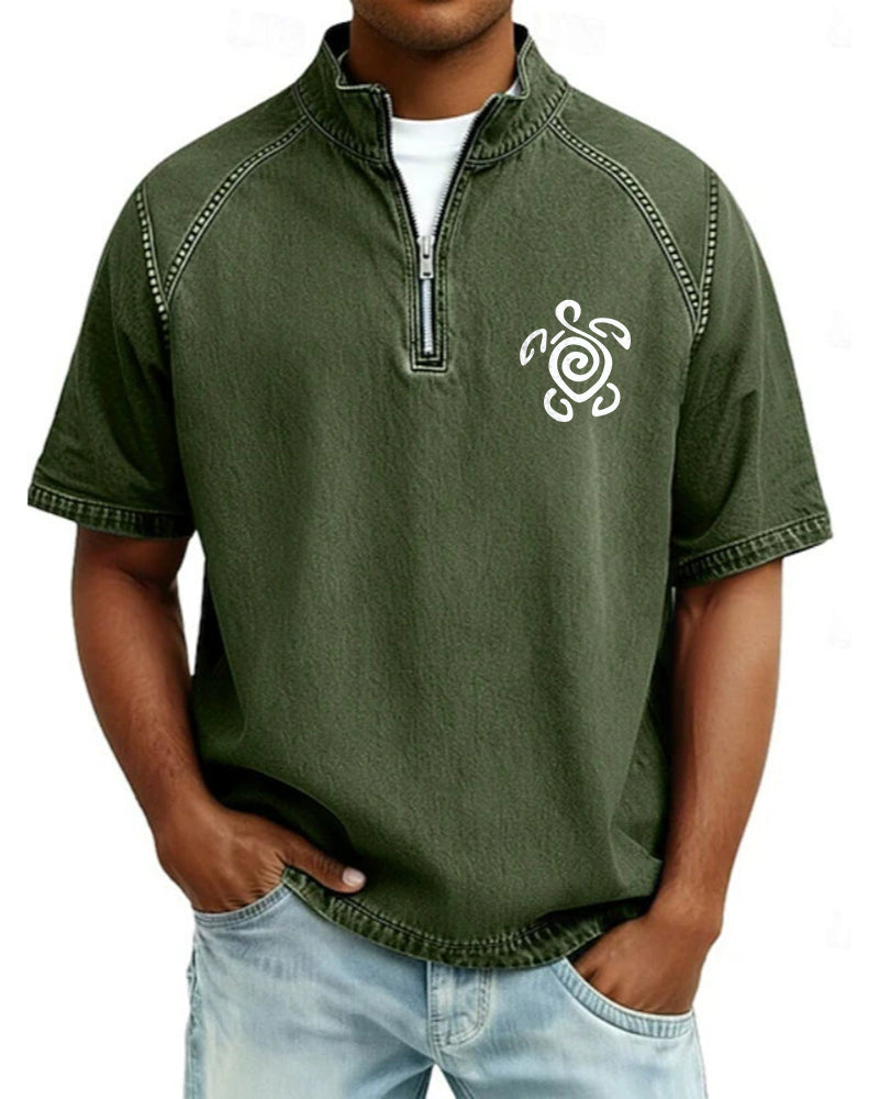 S-4XL Tribal Turtle Totem Printed Washed Half-Zip Short-Sleeve Polo Shirt