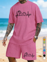 "Island Heartbeat" Coconut Tree Sun ECG Printed Texture Large Size Casual Suit