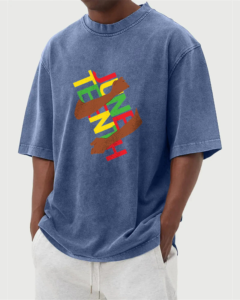 S-5XL Juneteenth Break Bound Theme Printed Wash Water Dressed T-Shirt