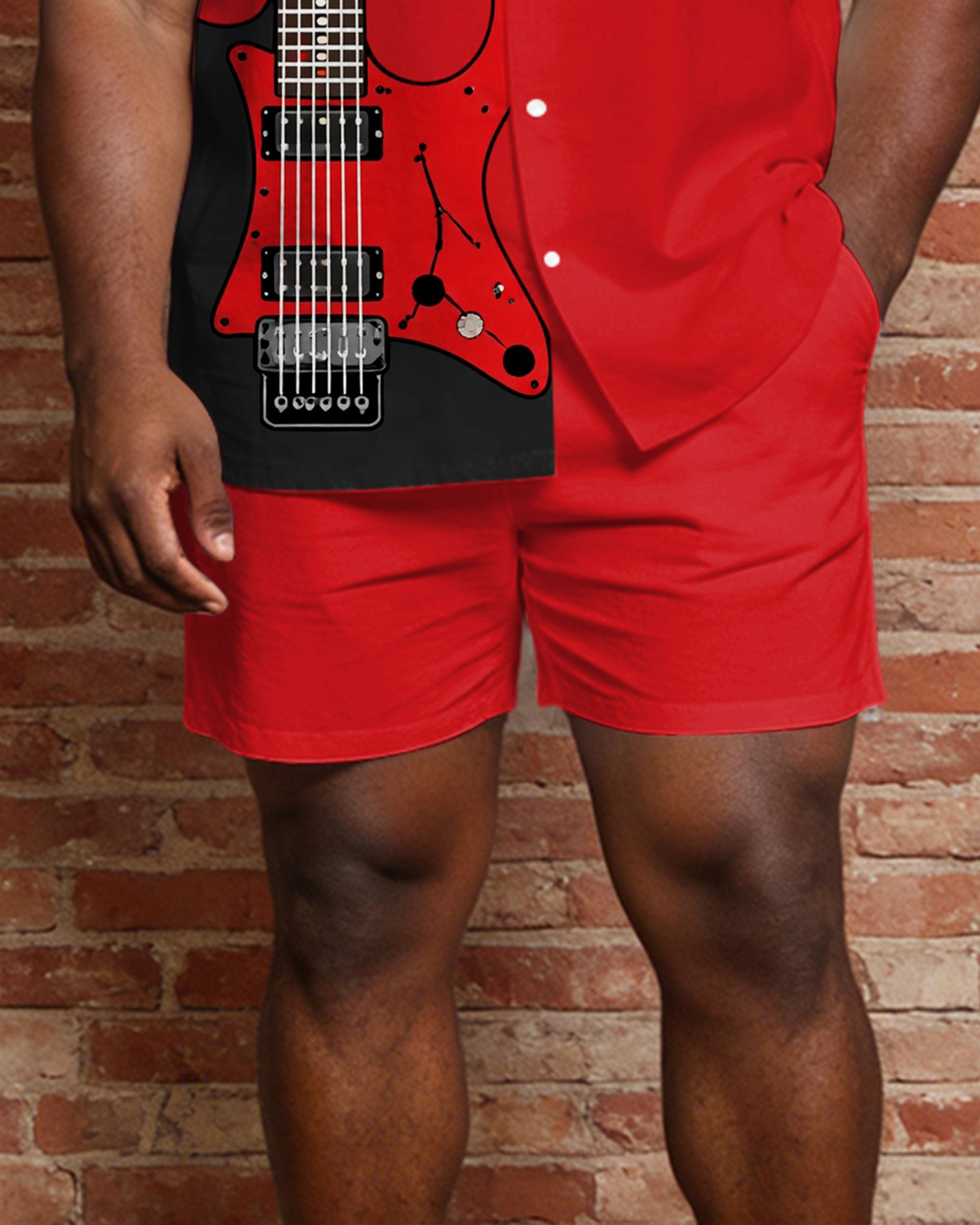 Big & Tall Men's Music Red Guitar Print Short Sleeve Shirt Shorts Set