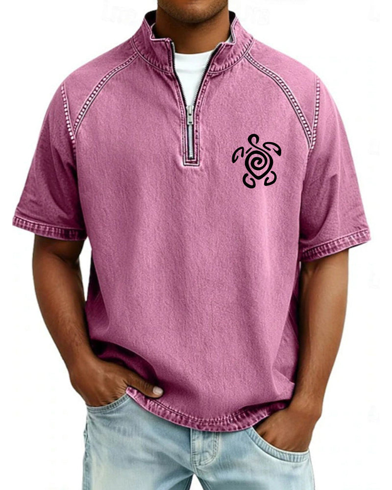 S-4XL Tribal Turtle Totem Printed Washed Half-Zip Short-Sleeve Polo Shirt