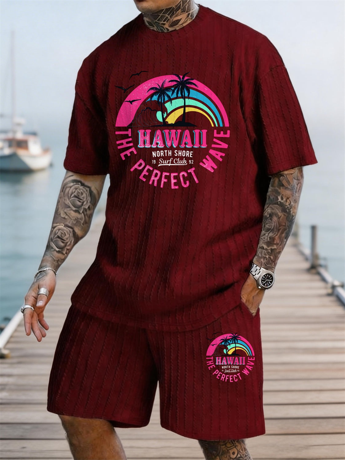 Hawaiian Rainbow Surf Print Texture Plus Size Holiday Set