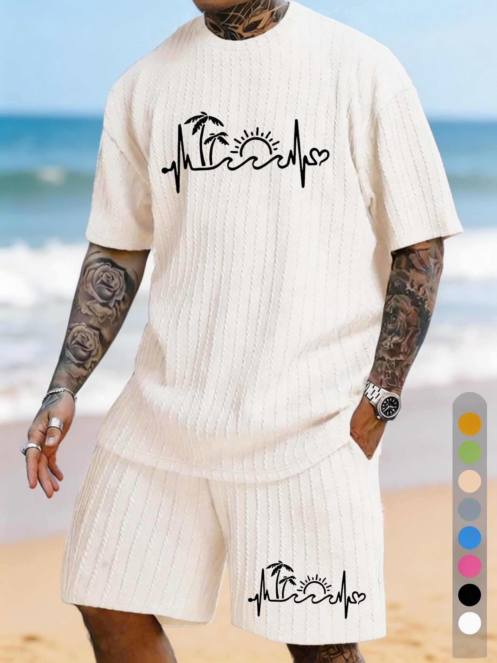 "Island Heartbeat" Coconut Tree Sun ECG Printed Texture Large Size Casual Suit