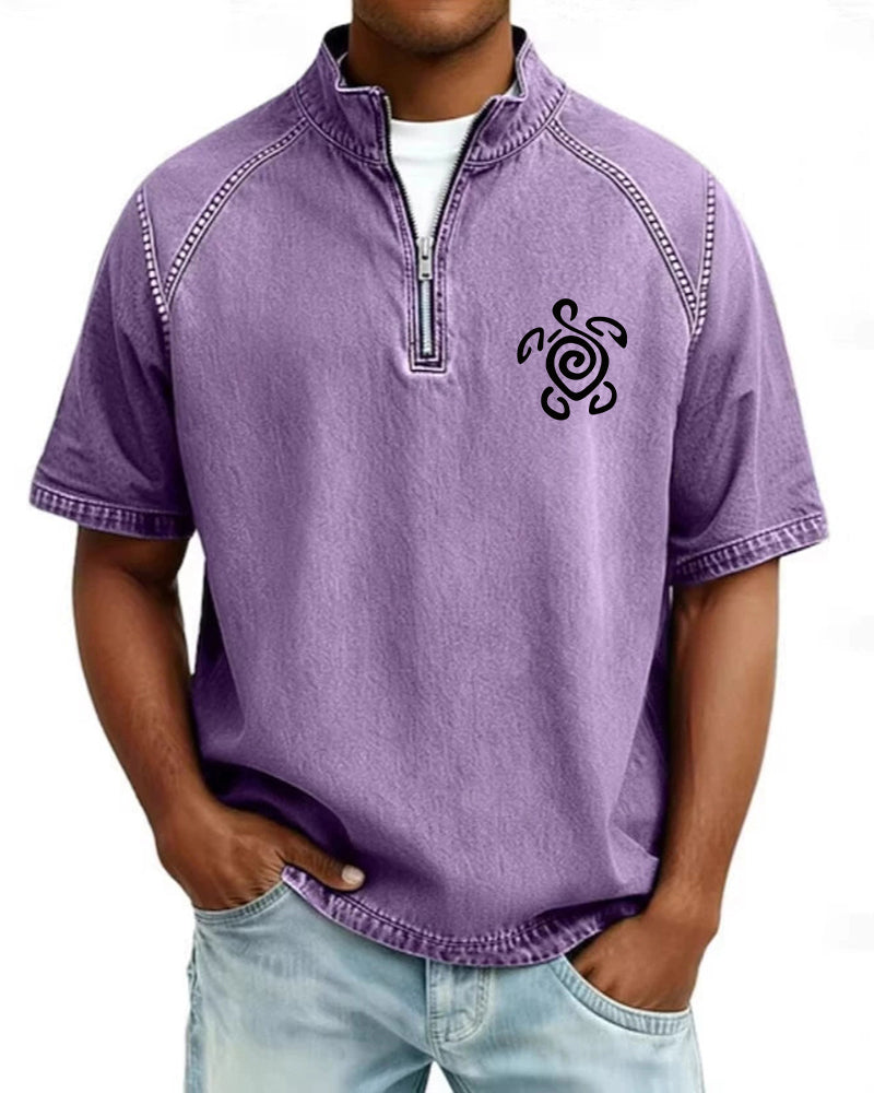 S-4XL Tribal Turtle Totem Printed Washed Half-Zip Short-Sleeve Polo Shirt