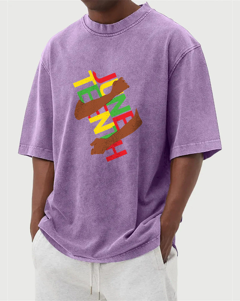 S-5XL Juneteenth Break Bound Theme Printed Wash Water Dressed T-Shirt