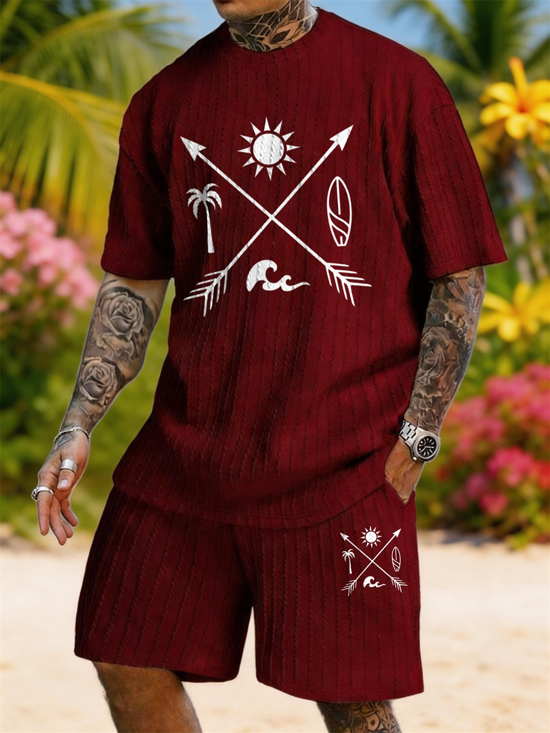 Surf Arrows Sun Print Texture Plus Size Vacation Suit