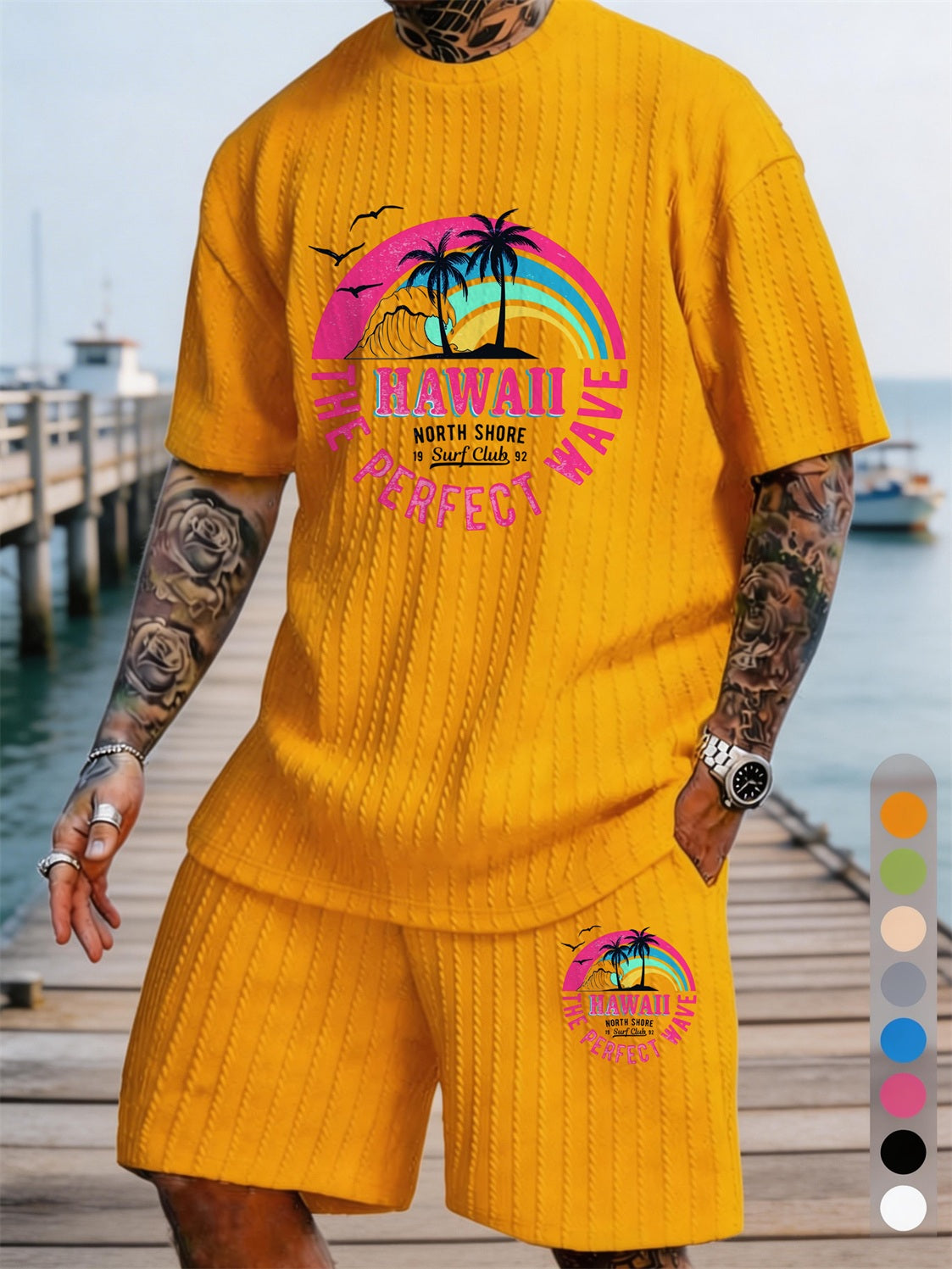 Hawaiian Rainbow Surf Print Texture Plus Size Holiday Set