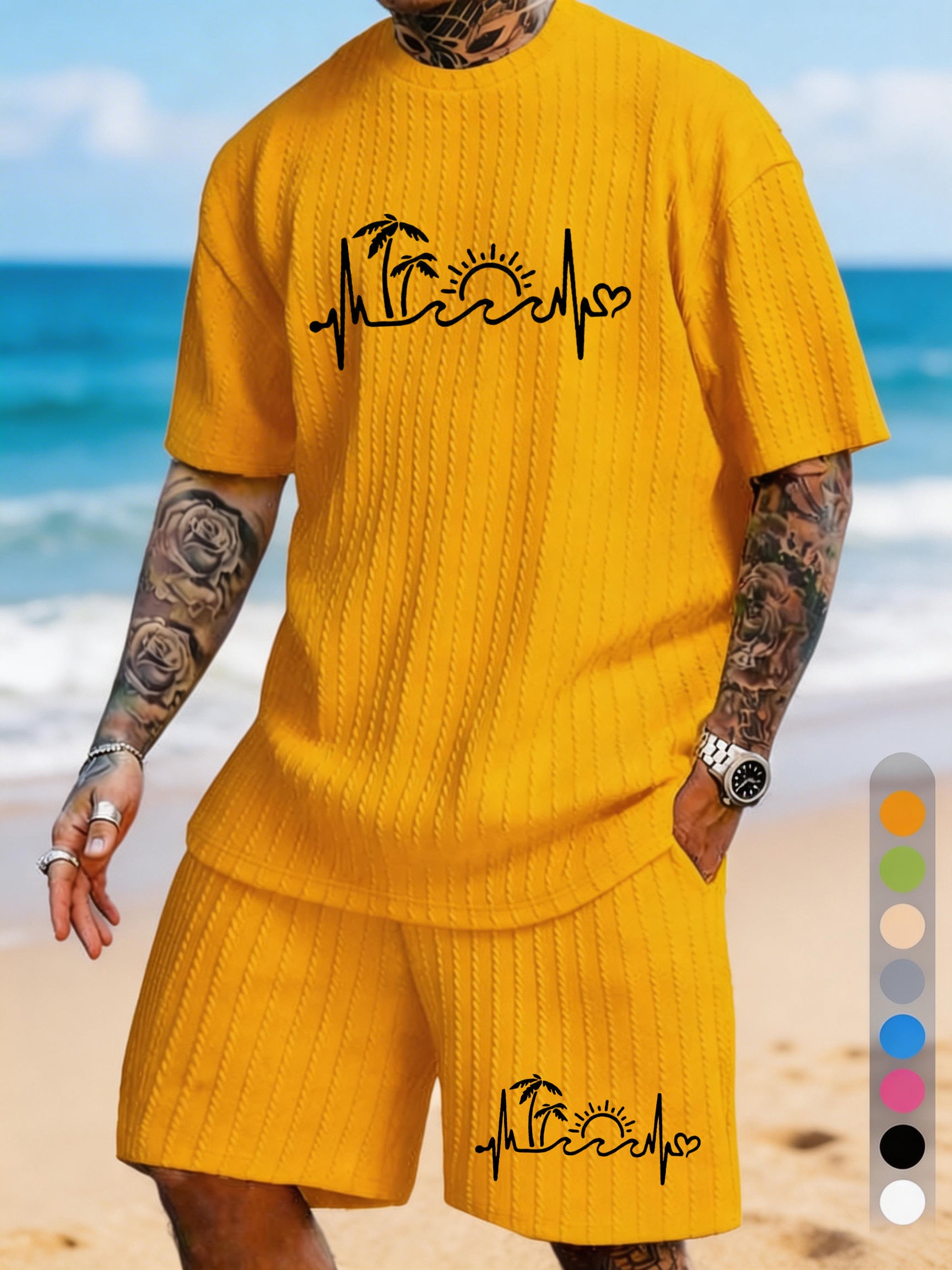 "Island Heartbeat" Coconut Tree Sun ECG Printed Texture Large Size Casual Suit