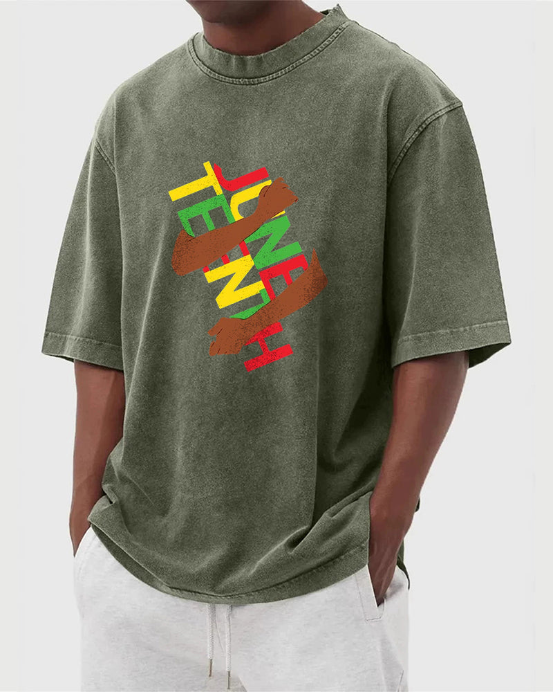 S-5XL Juneteenth Break Bound Theme Printed Wash Water Dressed T-Shirt