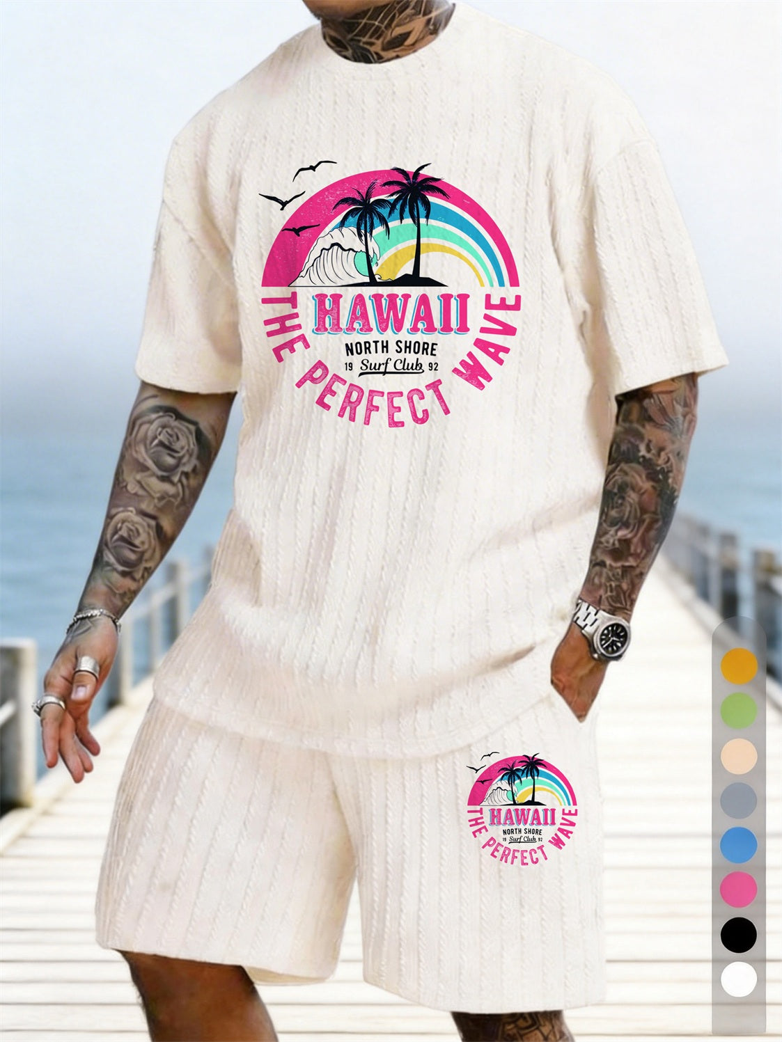 Hawaiian Rainbow Surf Print Texture Plus Size Holiday Set