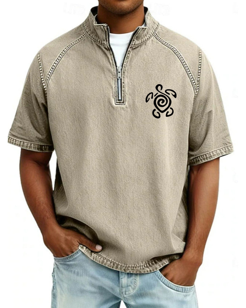 S-4XL Tribal Turtle Totem Printed Washed Half-Zip Short-Sleeve Polo Shirt
