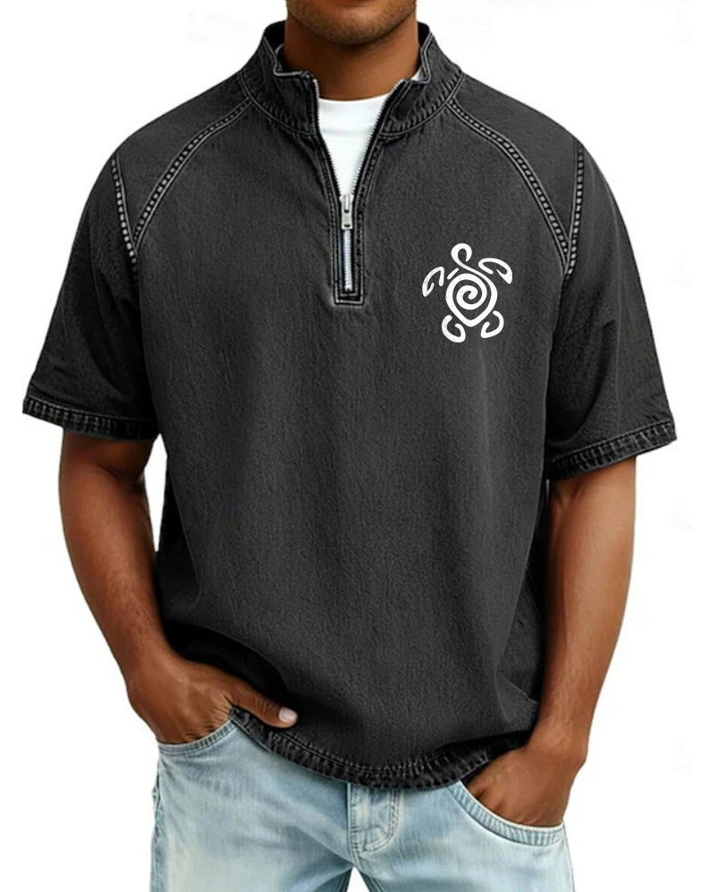 S-4XL Tribal Turtle Totem Printed Washed Half-Zip Short-Sleeve Polo Shirt