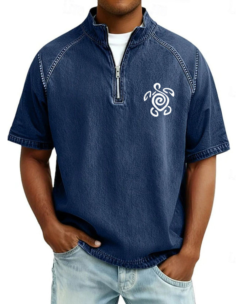 S-4XL Tribal Turtle Totem Printed Washed Half-Zip Short-Sleeve Polo Shirt