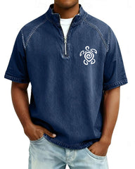 S-4XL Tribal Turtle Totem Printed Washed Half-Zip Short-Sleeve Polo Shirt