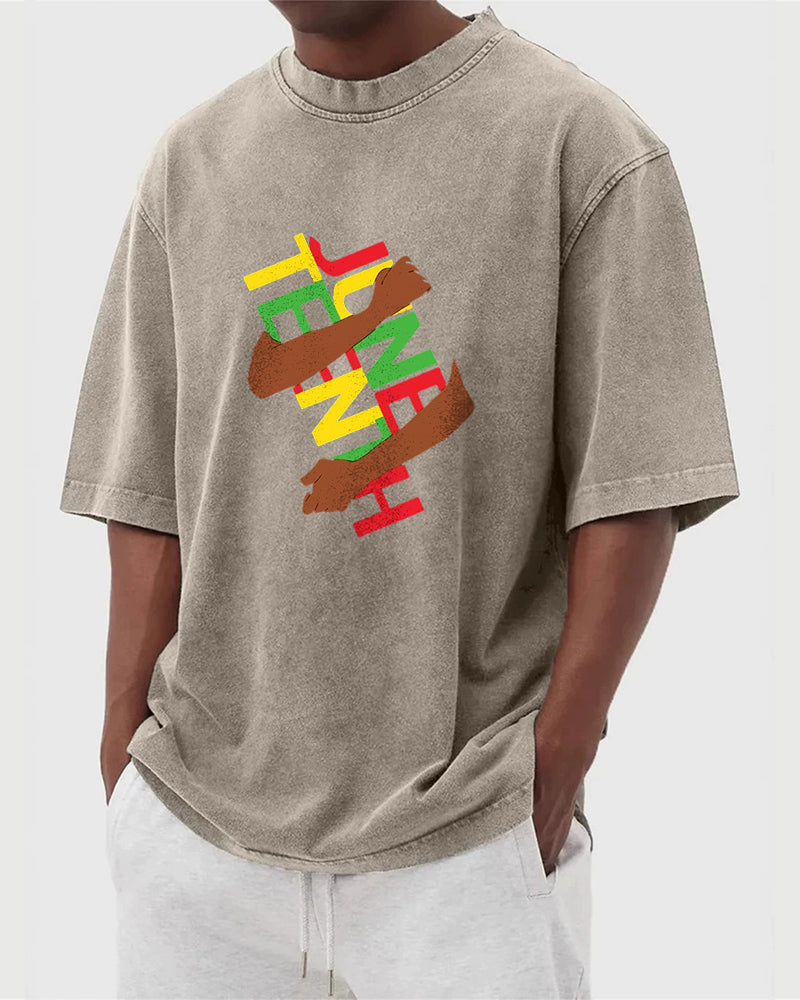S-5XL Juneteenth Break Bound Theme Printed Wash Water Dressed T-Shirt