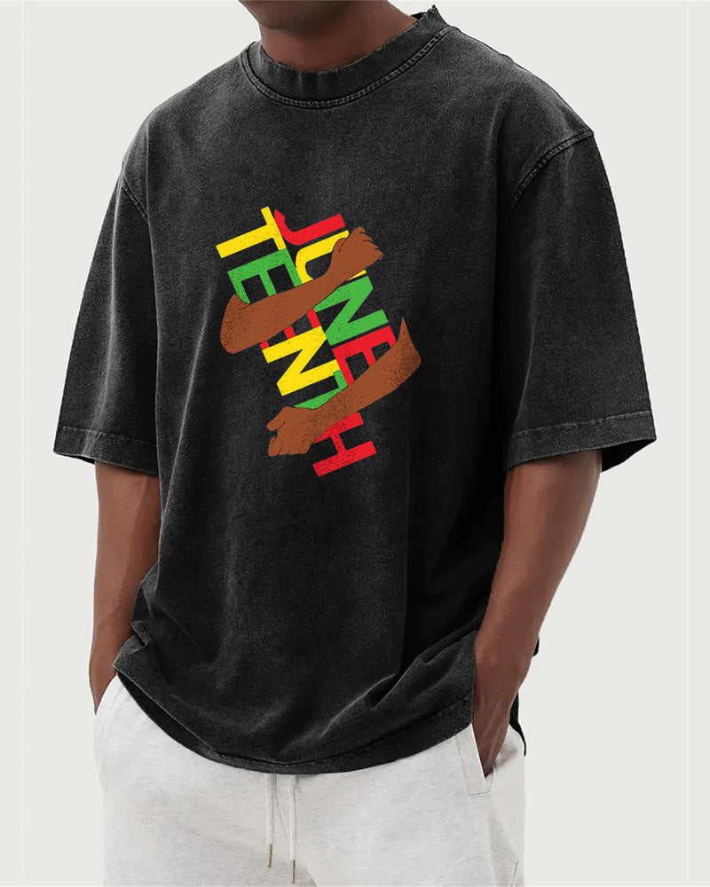 S-5XL Juneteenth Break Bound Theme Printed Wash Water Dressed T-Shirt
