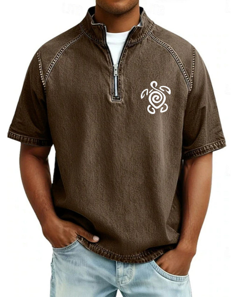 S-4XL Tribal Turtle Totem Printed Washed Half-Zip Short-Sleeve Polo Shirt